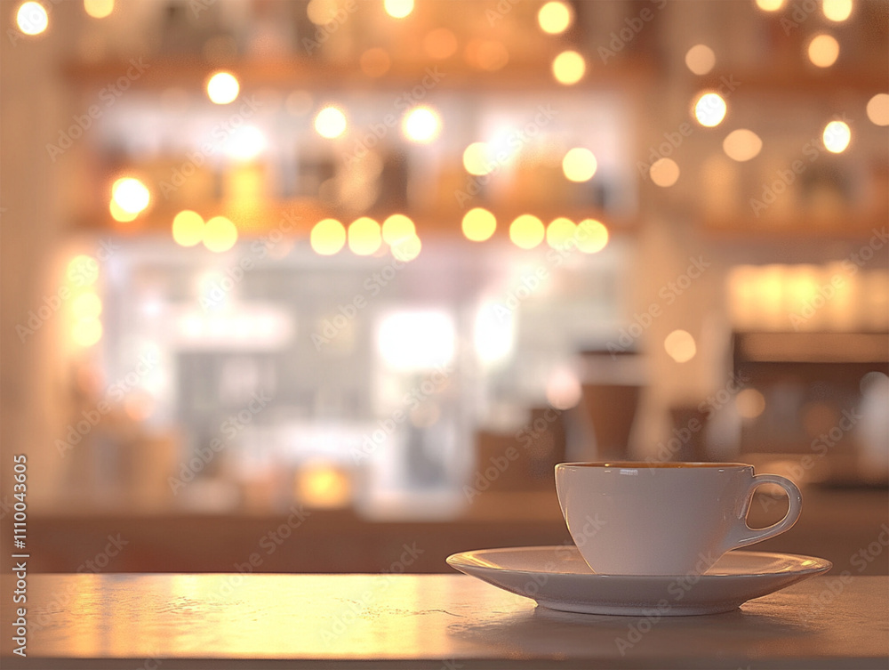 Coffee cups on the counter at a cafe, warm light background, natural bokeh.Selection focus and copy space. Coffee cups on the counter at a cafe, warm light background, natural bokeh.Selection focus and copy space.