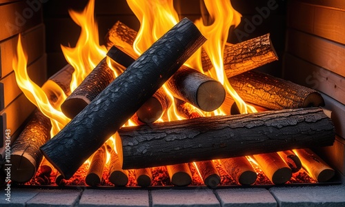 Cozy fireplace with glowing logs and vibrant flames for a warm atmosphere photo