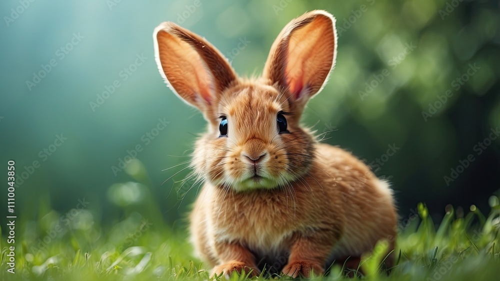 Adorable little rabbit on grass, gazing away and with its ears up Adorable little rabbit on grass, gazing away and with its ears up