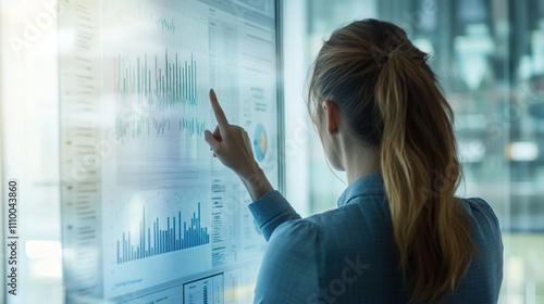 Free Download A professional businesswoman is intently analyzing charts and graphs on a large interactive display in a modern office setting. She points to specific data in a high-tech workspace. - GFXLoad
