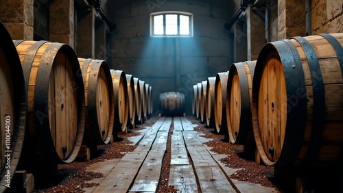 Rows of wooden barrels in a stone cellar with a beam of light streaming through the window