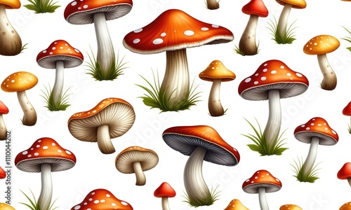 Colorful mushrooms seamless pattern with red caps and white spots photo