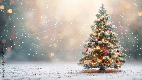 Festive christmas tree amidst gentle snowfall winter wonderland nature photography enchanting outdoors magical scene holiday spirit