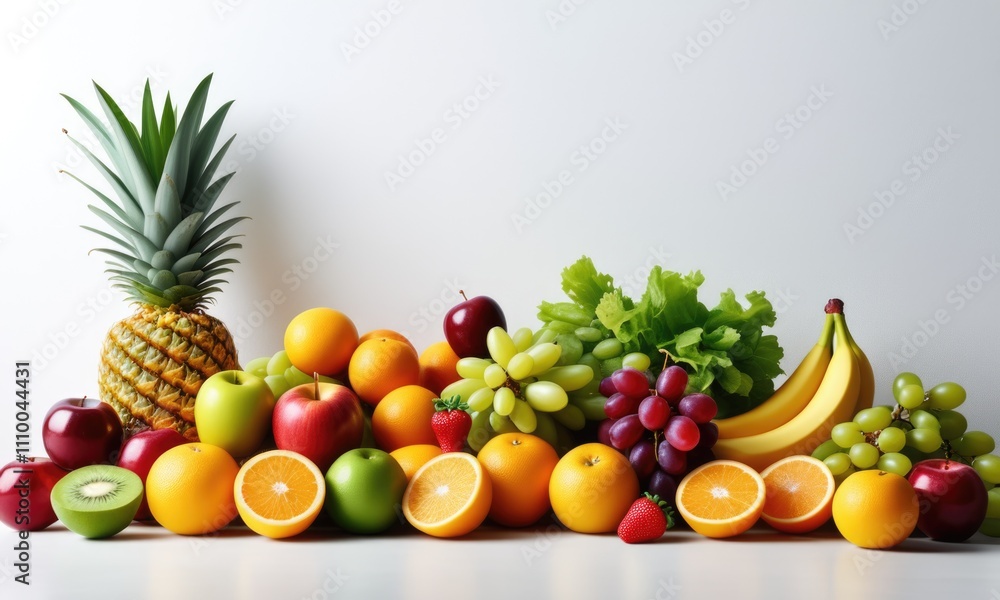 Colorful arrangement of fresh fruits with pineapple and citrus on white background Colorful arrangement of fresh fruits with pineapple and citrus on white background