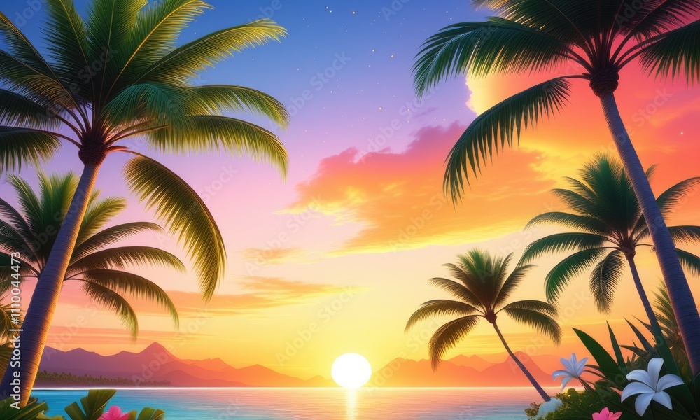 Tropical paradise beach at sunset with vibrant sky and palm trees Tropical paradise beach at sunset with vibrant sky and palm trees