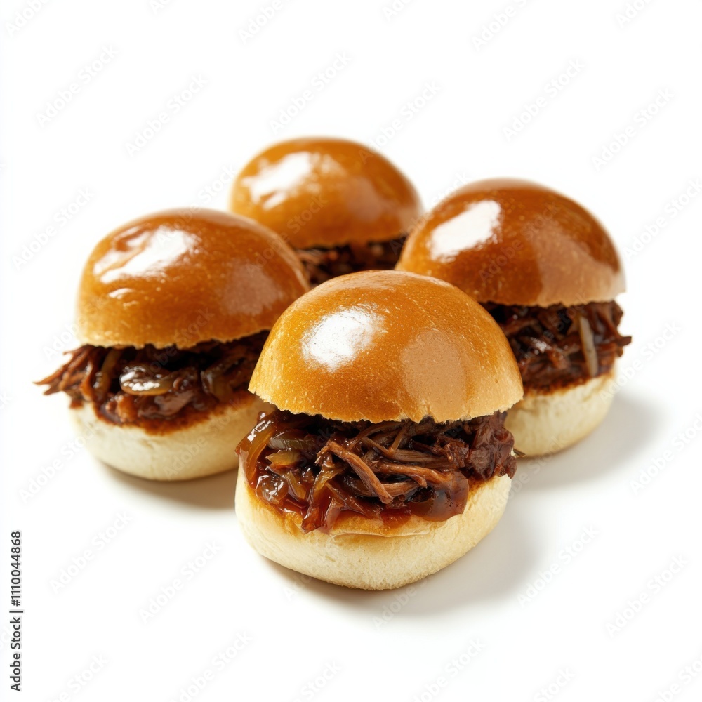 A trio of mini sliders with pulled beef and caramelized onions, isolated white background, surreal art style A trio of mini sliders with pulled beef and caramelized onions, isolated white background, surreal art style