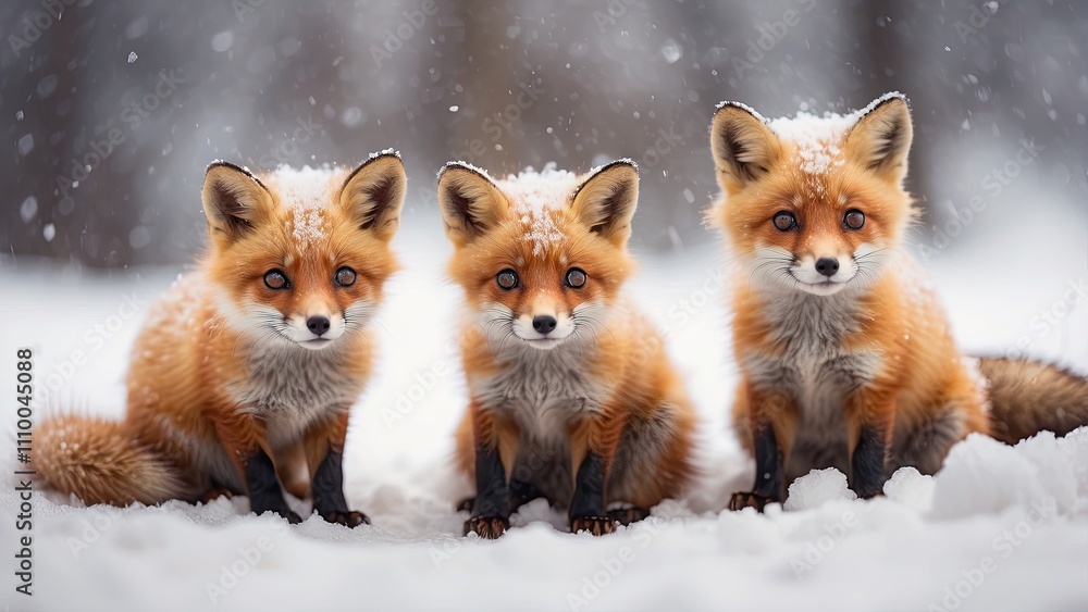 Fototapeta premium A little pack of adorable foxes in the snow-