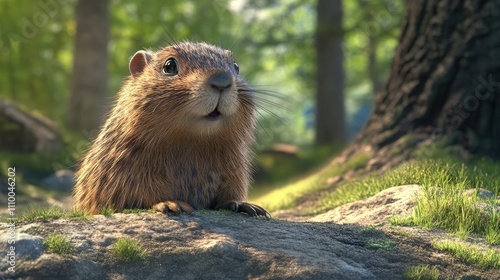 Wallpaper Mural A cute, animated rodent peeks out from a rocky spot in a lush forest setting. Torontodigital.ca