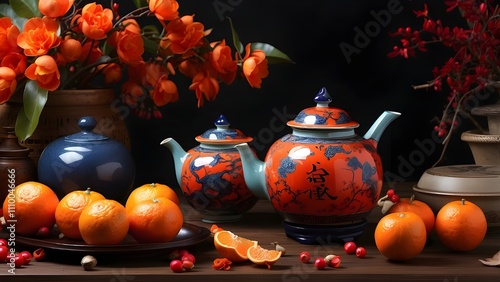 Chinese New Year 2025 is represented by this festive arrangement with tangerines, red decorations, and a teapot. Traditional features and vivid hues are captured in the scene, with an emphasis on... V photo