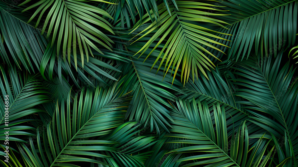 Lush green palm leaves arranged in a tropical pattern. Lush green palm leaves arranged in a tropical pattern.
