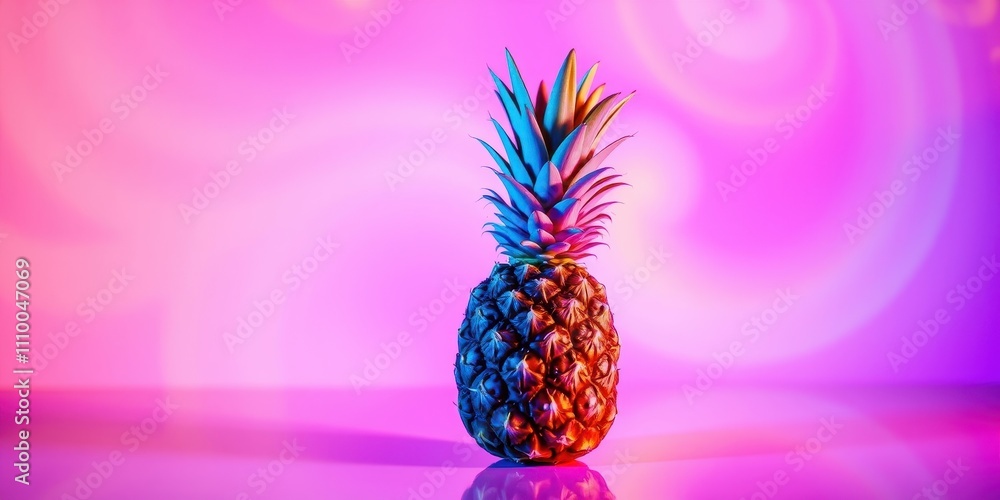 A single pineapple bathed in vibrant neon pink and blue light, showcasing its textured skin and spiky leaves against a soft, blurred background. A single pineapple bathed in vibrant neon pink and blue light, showcasing its textured skin and spiky leaves against a soft, blurred background.