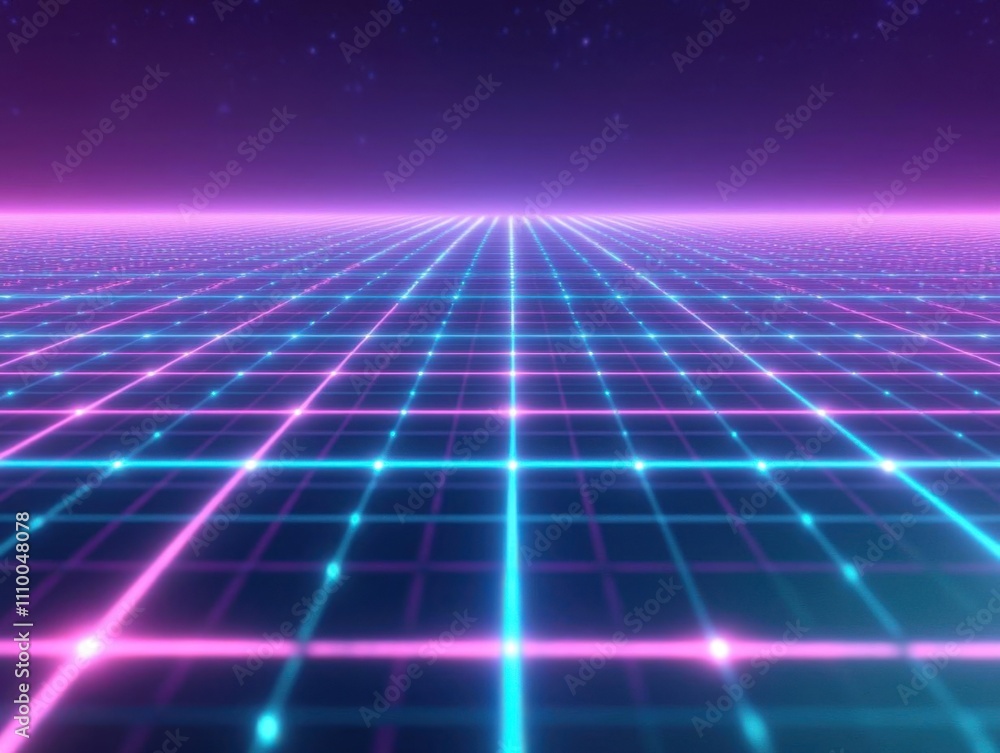 Neon Grid: Digital Landscape Extends Infinitely into Retro Future Neon Grid: Digital Landscape Extends Infinitely into Retro Future