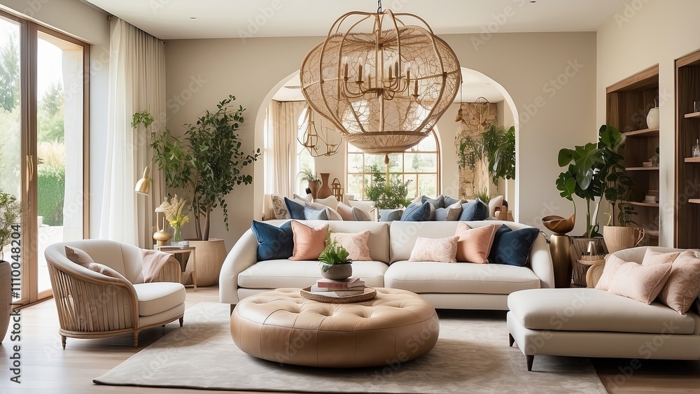An overview of the inside of a lavish living room featuring a sofa, armchairs, and a hanging basket chair An overview of the inside of a lavish living room featuring a sofa, armchairs, and a hanging basket chair