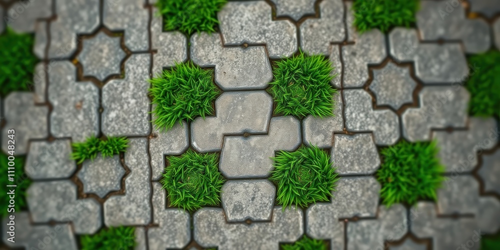 Atop a geometric pattern of gray concrete pavers, vibrant green grass bursts forth, creating a captivating contrast of textures and colors. Atop a geometric pattern of gray concrete pavers, vibrant green grass bursts forth, creating a captivating contrast of textures and colors.