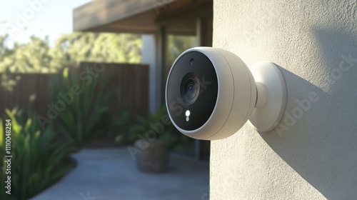 White smart security camera mounted on wall. Ideal for home security, monitoring property and deterring crime. photo