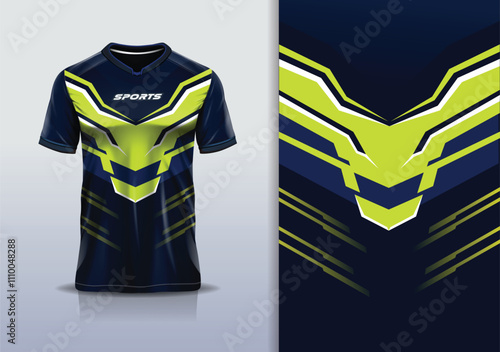 T-shirt mockup abstract stripe line jersey design for football, soccer, racing, esports, running, in blue navy yellow color