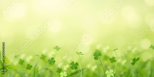 Close-up of lush green clover leaves against a soft, blurred background of light and foliage, creating a natural, serene, and vibrant image.