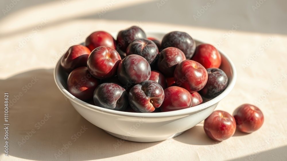 A bowl filled with plump, ripe plums, bathed in warm sunlight, ready to be enjoyed A bowl filled with plump, ripe plums, bathed in warm sunlight, ready to be enjoyed