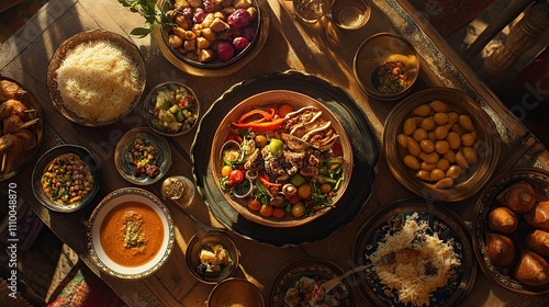 Overhead view of a lavish, diverse spread of food on a rustic wooden table, bathed in warm sunlight.