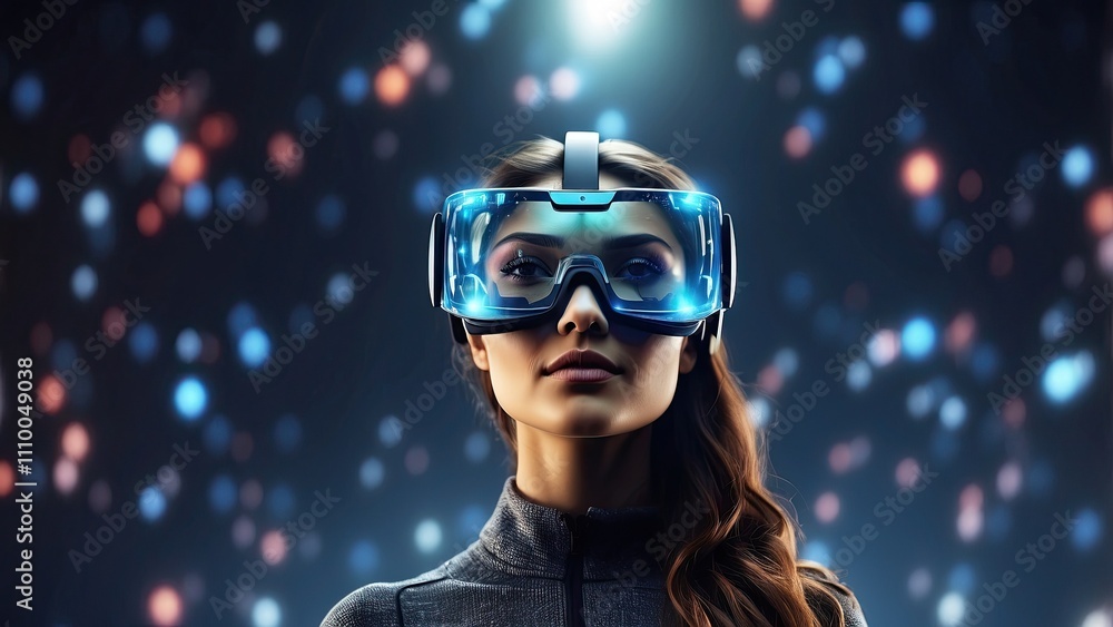 A human travels to pixels while wearing virtual glasses. The woman wearing virtual reality glasses. Concept of future technology. contemporary imaging technique. A human travels to pixels while wearing virtual glasses. The woman wearing virtual reality glasses. Concept of future technology. contemporary imaging technique.
