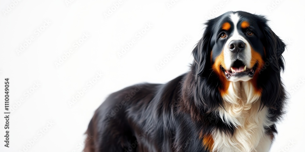 A Friendly Bernese Mountain Dog With a Playful Expression, Exhibiting a Black, White, and Brown Coat Against a Simple White Background A Friendly Bernese Mountain Dog With a Playful Expression, Exhibiting a Black, White, and Brown Coat Against a Simple White Background