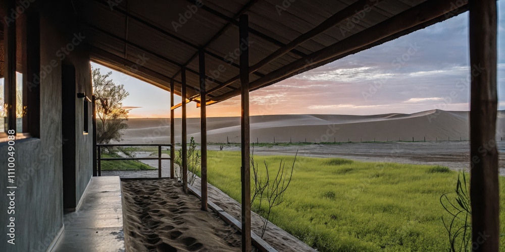 Fototapeta premium Modern Outdoor Patio with Panoramic View of Lush Green Landscape at Sunset