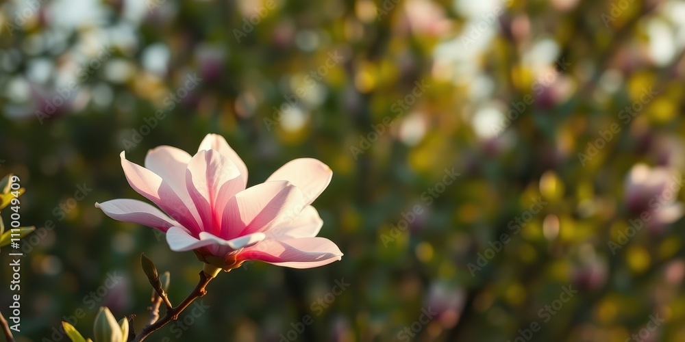 Obraz premium A single, delicate pink magnolia blossom emerges from a backdrop of blurred foliage, showcasing the beauty of nature's subtle details.