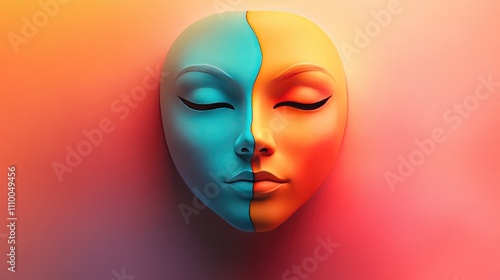 Abstract artistic representation of a split face in vibrant colors showcasing duality and emotional contrast, ideal for themes of identity and creativity.