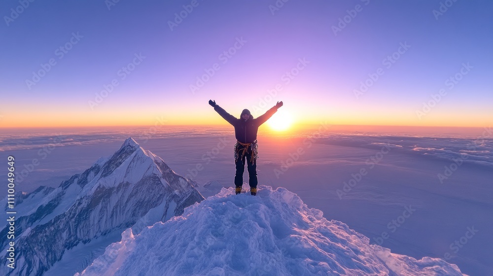 Triumphant Hiker at Sunrise: Conquering Snow Capped Mountains in Adventure and Achievement Triumphant Hiker at Sunrise: Conquering Snow Capped Mountains in Adventure and Achievement