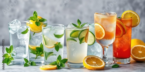 Refreshing summer drinks with lemon, cucumber, and mint garnishes