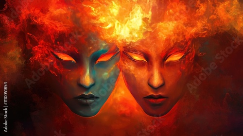 Ethereal Duality: A Stunning Conceptual Art Illustration of Two Mystical Faces Merging Fire and Ice, Representing the Balance of Opposites in Vibrant Color Explosion