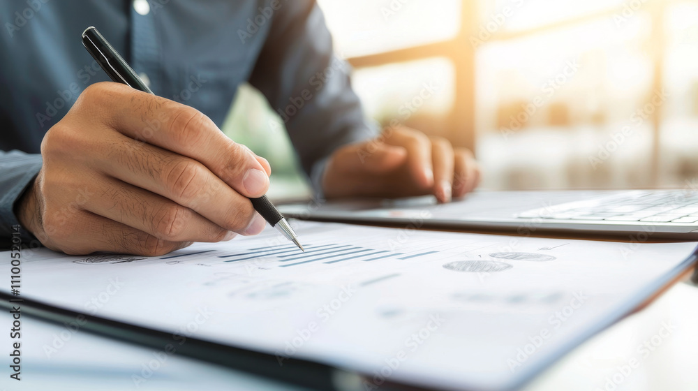 Organizer brainstorming concept. person analyzing data and making notes on report with pen Organizer brainstorming concept. person analyzing data and making notes on report with pen