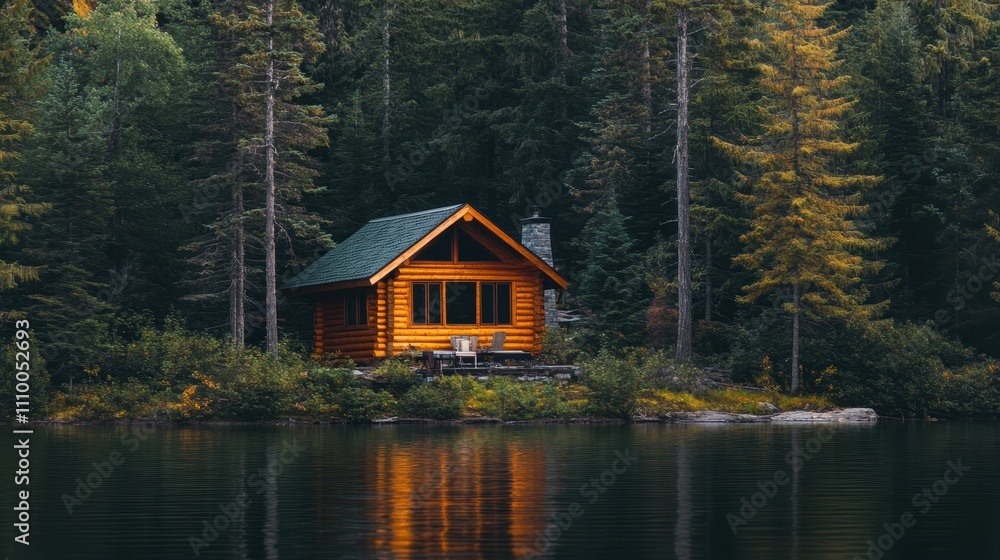 Rustic log cabin nestled beside a tranquil lake, surrounded by lush evergreen forest. Perfect for illustrating themes of serenity, nature, escape, or cozy getaways. Rustic log cabin nestled beside a tranquil lake, surrounded by lush evergreen forest. Perfect for illustrating themes of serenity, nature, escape, or cozy getaways.