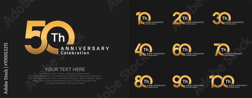 Anniversary logo set vector design, gold and silver color for celebration event