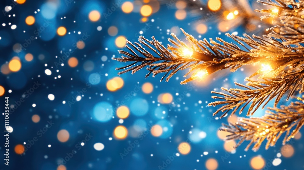 Fototapeta premium Serene Holiday Atmosphere: Frosted Pine Branches & Glowing Lights Against Dreamy Winter Background with Falling Snow