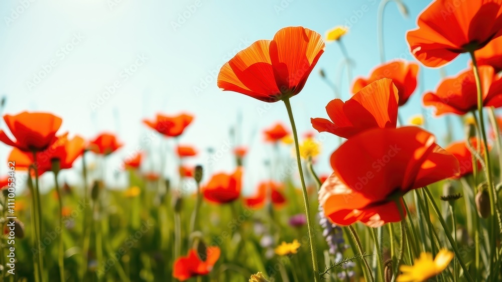 A Field of Scarlet Poppies Bask in the Sunshine, a Vivid Reminder of Nature's Beauty A Field of Scarlet Poppies Bask in the Sunshine, a Vivid Reminder of Nature's Beauty