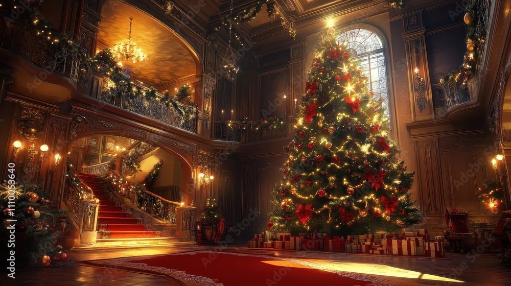 Fototapeta premium Vibrant Christmas Scene in Elegant House Interior