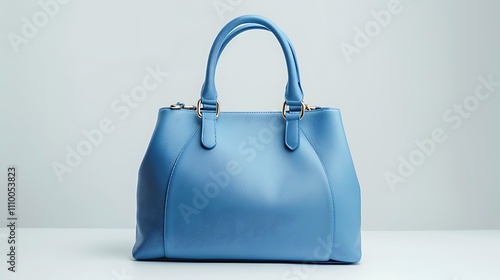 A stylish blue handbag displayed on a surface, showcasing its design and color.