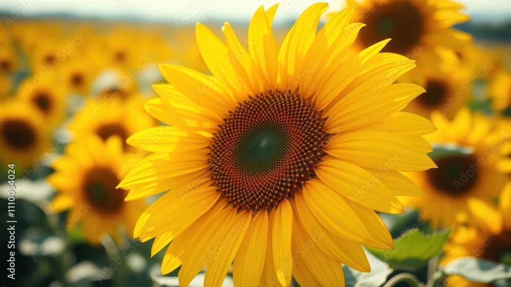 Obraz premium A Single Sunflower Stands Out in a Field of Golden Blooms, Its Center a Spiraling Mosaic of Brown and Blue