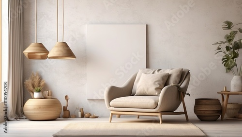 Canvas mockup with rustic décor and an armchair in a minimalist home setting.frontal view. 3D illustration