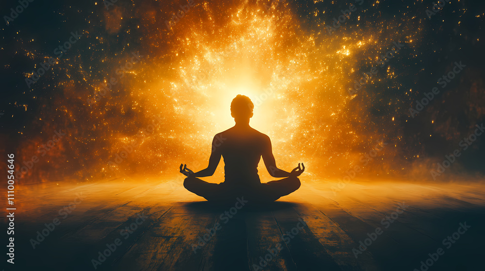 Silhouette of a person meditating and praying in a sacred space, observing glowing energy raising in front of him. spiritual practice. Sacred. Illustration Silhouette of a person meditating and praying in a sacred space, observing glowing energy raising in front of him. spiritual practice. Sacred. Illustration
