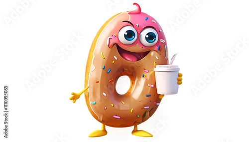 A lovable 3D character of a doughnut with icing and sprinkles, smiling with big eyes and tiny arms, holding a miniature coffee cup, isolated on a transparent background.

 photo