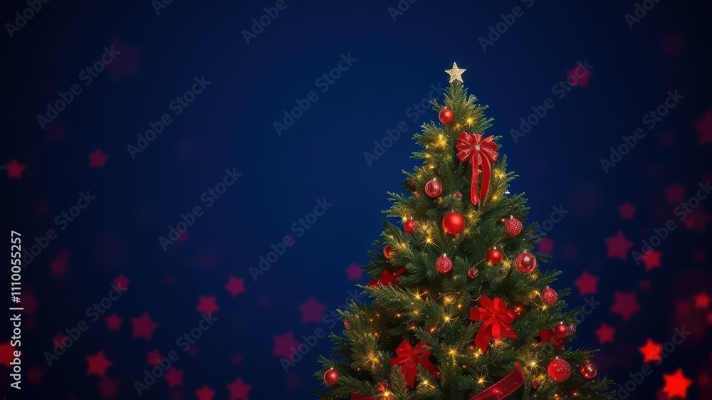 A festive Christmas tree adorned with twinkling lights and red ornaments, set against a backdrop of blurred red stars on a deep blue canvas. A festive Christmas tree adorned with twinkling lights and red ornaments, set against a backdrop of blurred red stars on a deep blue canvas.