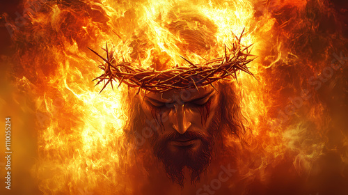 This striking artwork showcases jesus adorned with a crown of thorns, enveloped in fierce flames, radiating a powerful spiritual presence. Sacred. Illustration photo