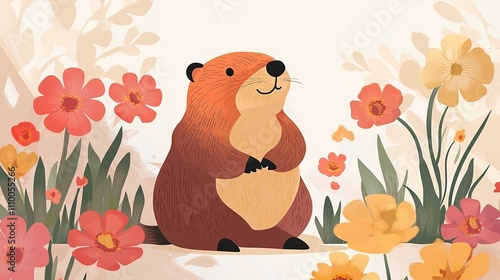 Happy groundhog sitting amidst blooming flowers. photo