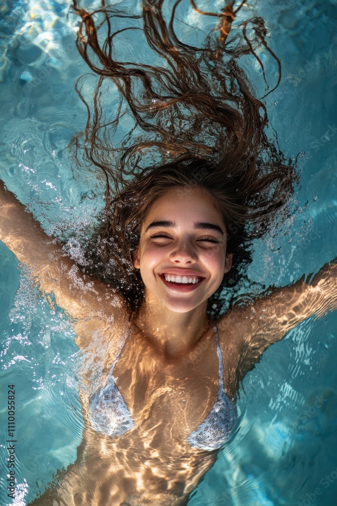 Caucasian woman peacefully floats on the water, capturing a carefree mood as natural light bathes the scene. Caucasian woman peacefully floats on the water, capturing a carefree mood as natural light bathes the scene.