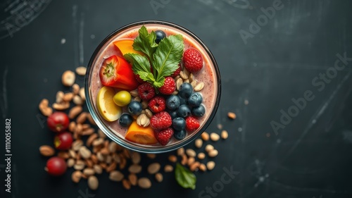 A refreshing summer smoothie with a variety of fruits and nuts, perfect for a healthy breakfast or snack.