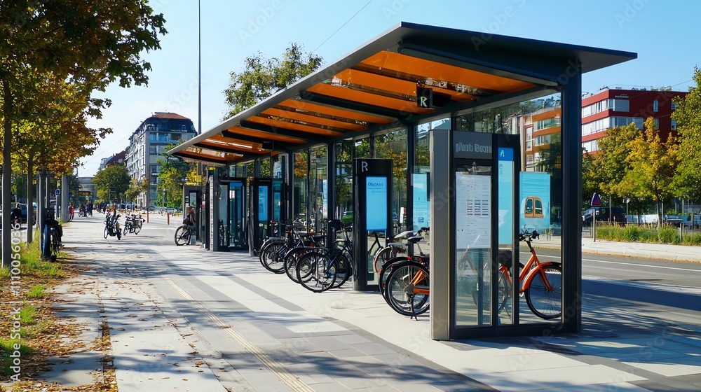 Modern bike station with bicycles parked under a sunny sky. Modern bike station with bicycles parked under a sunny sky.
