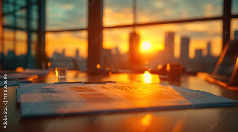 A conference room at sunset, with businesspeople's silhouettes and documents on the table, evokes collaboration and focus, perfect for teamwork and strategy presentations. A conference room at sunset, with businesspeople's silhouettes and documents on the table, evokes collaboration and focus, perfect for teamwork and strategy presentations.