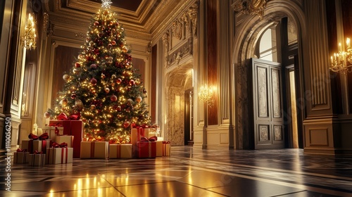 Wallpaper Mural Luxurious Space with Tall Christmas Tree and Presents Torontodigital.ca